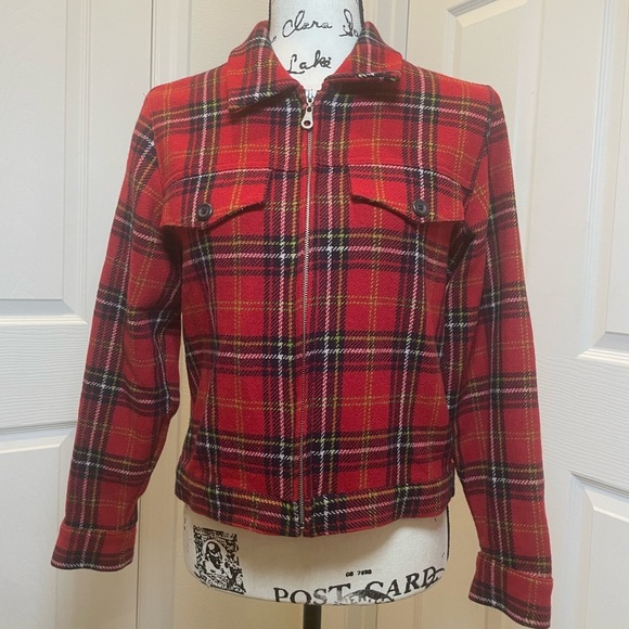 Vintage 90’s Express Trucker Jacket Plaid Wool blend XS Zipped Pockets Aesthetic - Picture 1 of 13